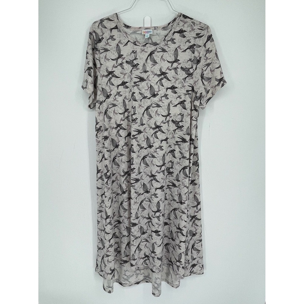 LuLaRoe Women's Gray Bird Print Short Sleeve Carly T-Shirt Dress Plus Size 2XL